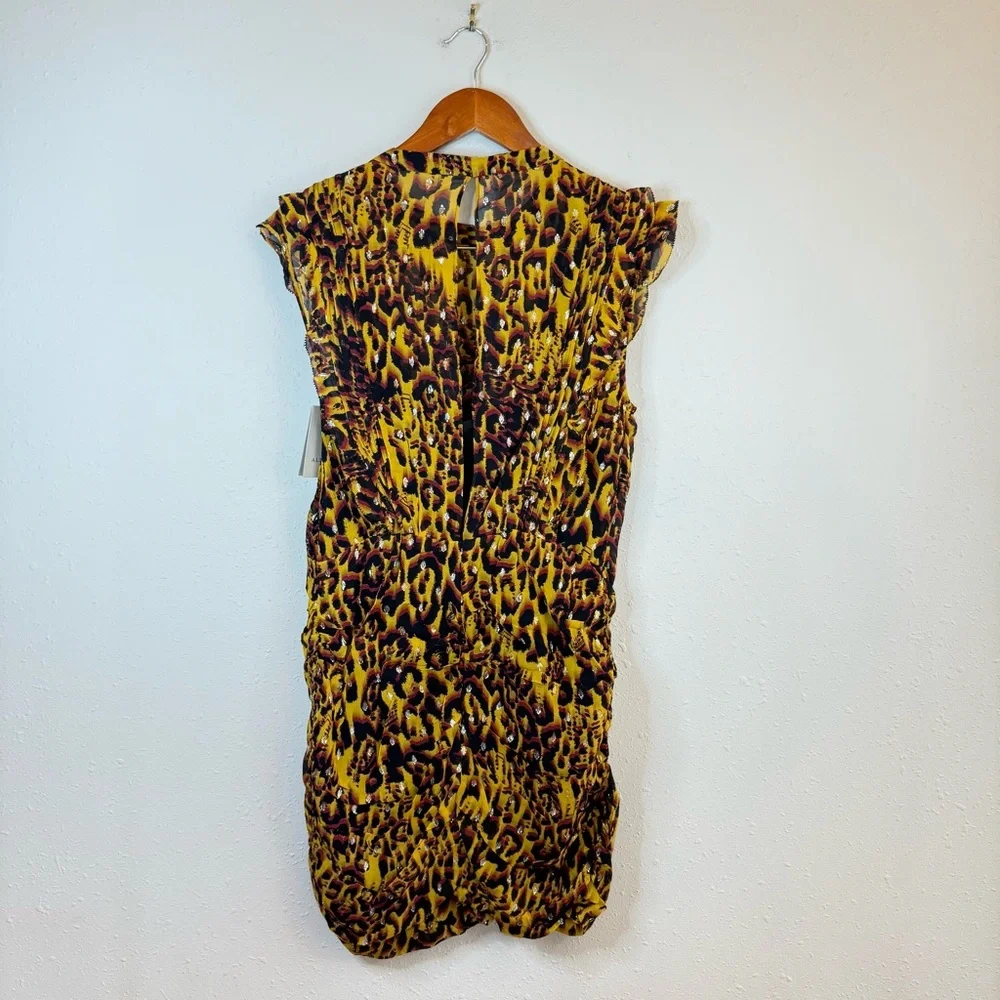 All Saints Hali Pleated Leopard Notes Yellow Multi Mini Dress Size 8 NWT - Picture 14 of 16